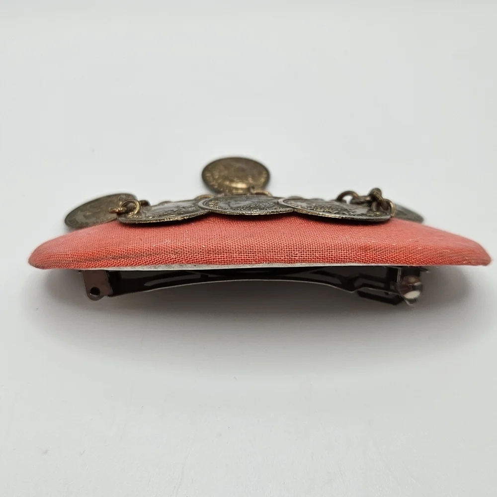 VINTAGE Gold Tone Coin Dangle Chain Pink Oval Hair Barrette Clip